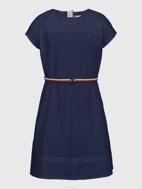 בנות 3-7 רקמת לוגו התאמה ושמלה מתלקחת NX20413 צי הדמדומים Tommy Hilfiger