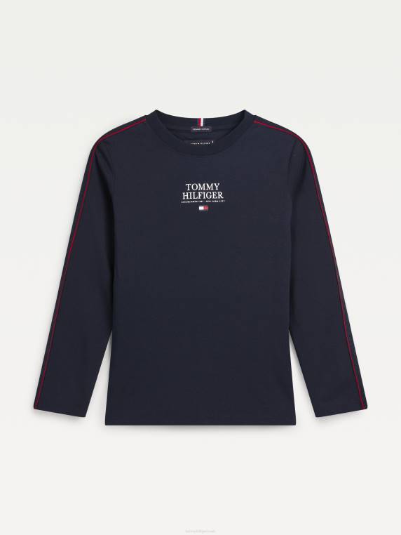 בנים 8-16 חולצת טריקו עם שרוולים ארוכים עם סרט ניגודיות NX20336 שמיים מדבריים Tommy Hilfiger
