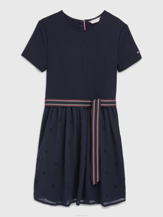 בנות 8-16 רקמה מונוגרמה התאמה ושמלה מתלקחת NX20396 שמיים מדבריים Tommy Hilfiger