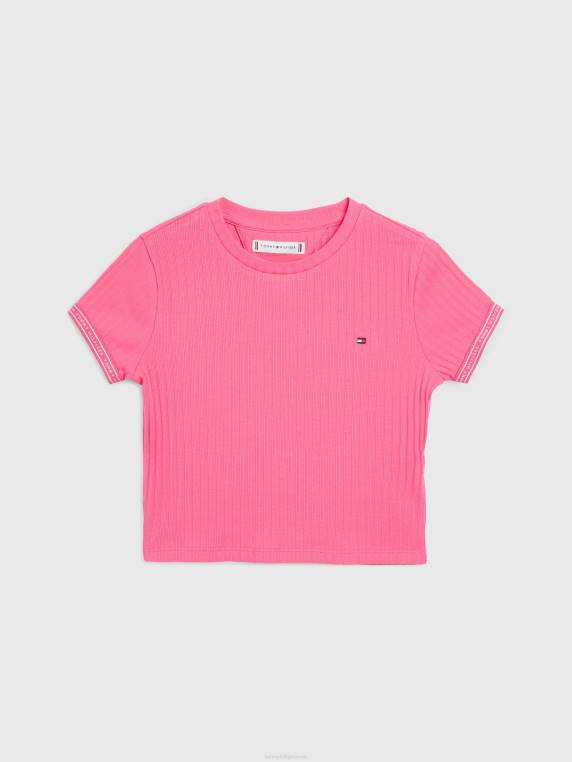 בנות 8-16 חולצת טי עם צלעות עם לוגו NX20457 התראה ורודה Tommy Hilfiger