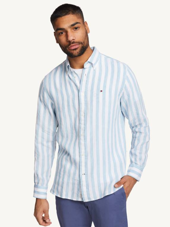 חולצת פסים מפשתן פרימיום NX201003 קולומביה כחול/לבן Tommy Hilfiger