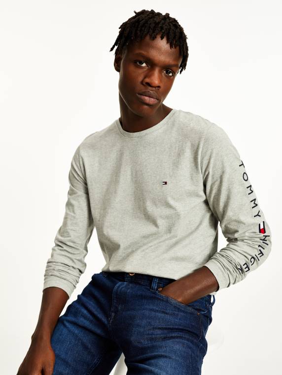 חולצת טי עם שרוולים ארוכים עם לוגו ג'רסי אורגני NX201497 אברש אפור בהיר Tommy Hilfiger