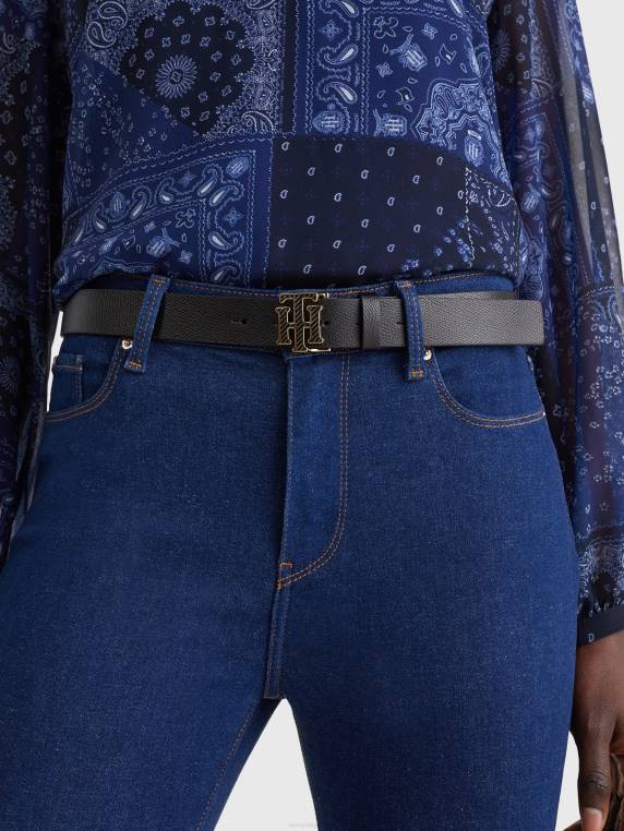 חגורת עור אבזם מונוגרמה NX201848 שָׁחוֹר Tommy Hilfiger