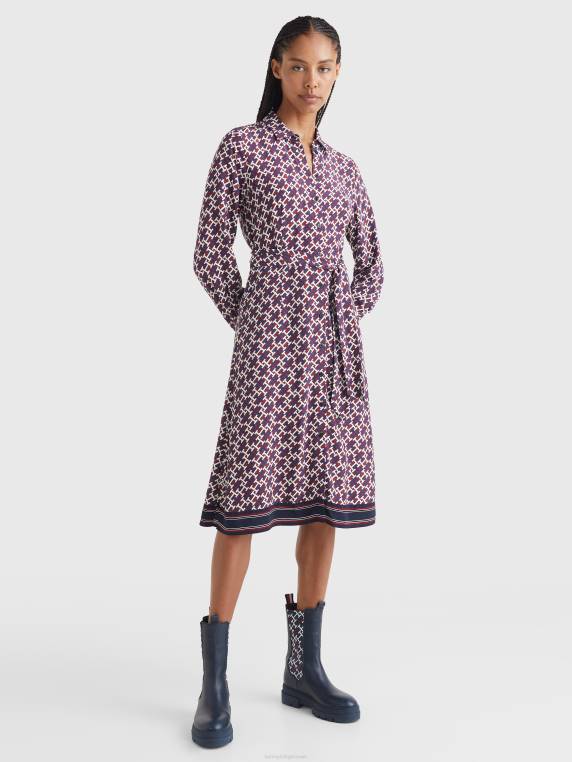 שמלת חולצה מונוגרמית ויסקוזה בגזרה דקיקה NX202062 אדום/מונוגרם אדום לבן כחול Tommy Hilfiger