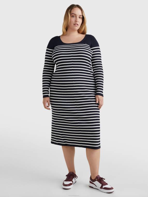 שמלת מידי מכותנה אורגנית בגזרה דקה בגזרה NX202074 פס ברטון/שמי מדבר אקרו Tommy Hilfiger