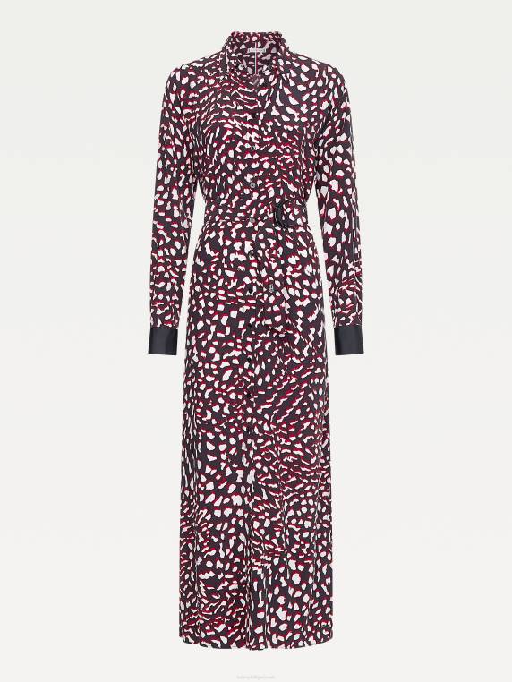 שמלת מידי בגזרת נוצות בהתאמה רגועה NX202086 הדפס נוצות גדול/אדום לבן שחור Tommy Hilfiger