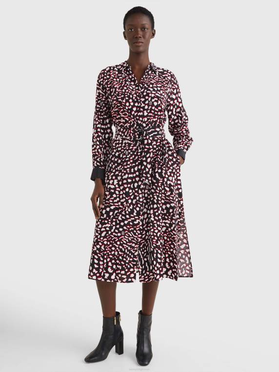 שמלת מידי בגזרת נוצות בהתאמה רגועה NX202086 הדפס נוצות גדול/אדום לבן שחור Tommy Hilfiger