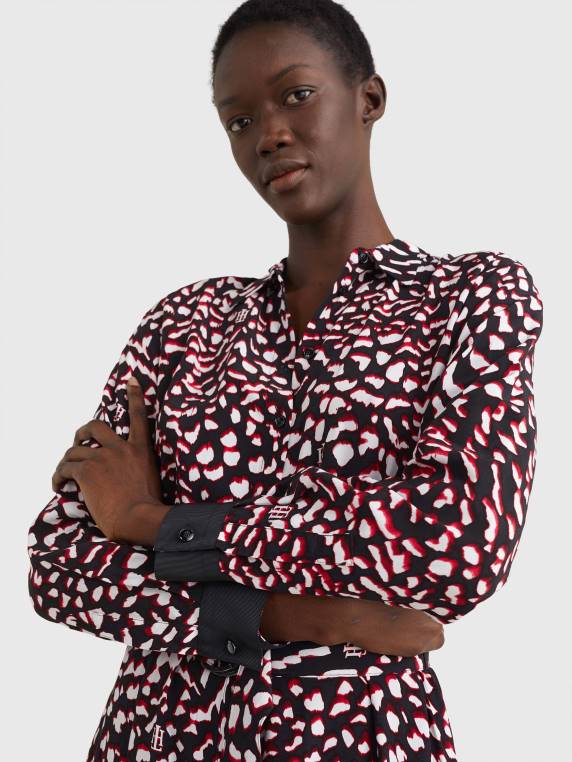 שמלת מידי בגזרת נוצות בהתאמה רגועה NX202086 הדפס נוצות גדול/אדום לבן שחור Tommy Hilfiger