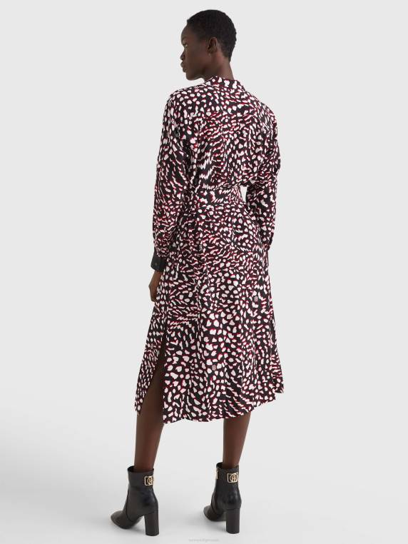 שמלת מידי בגזרת נוצות בהתאמה רגועה NX202086 הדפס נוצות גדול/אדום לבן שחור Tommy Hilfiger