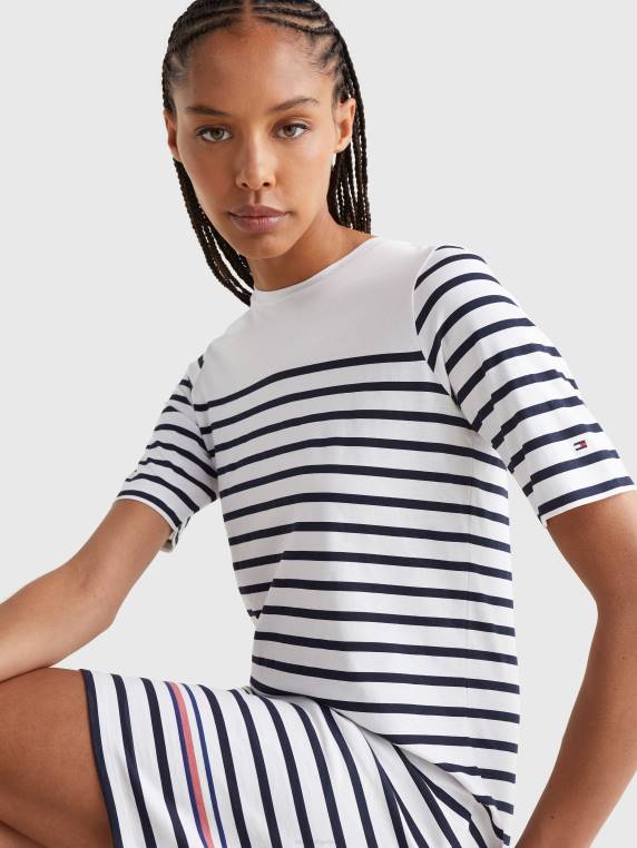 שמלת צווארון פסים רגילה NX202095 פס גובל/שמי מדבר לבנים Tommy Hilfiger