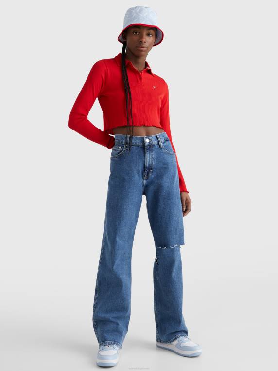 פולו עם שרוולים ארוכים בהתאמה חתוכה עם צלעות NX202359 ארגמן עמוק Tommy Hilfiger