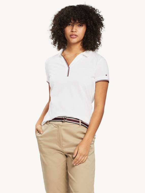 חולצת פולו עם צווארון פתוח עם פס גלובלי NX202368 לבן Tommy Hilfiger