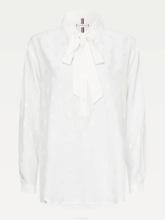 חולצת מונוגרמה בעלת צווארון עניבה ויסקוזה בהתאמה רגילה NX202422 רך שלוב/לבן Tommy Hilfiger