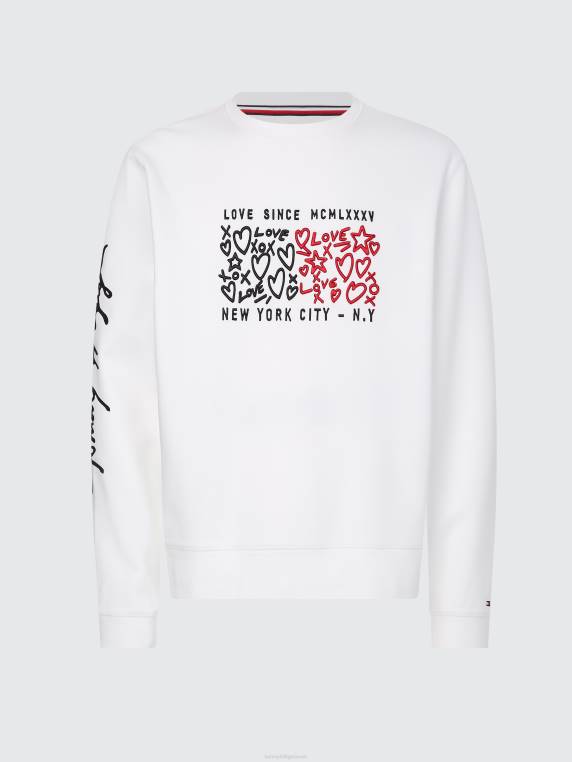 סוודר עם צווארון עגול בהדפס לב NX202600 לבן Tommy Hilfiger