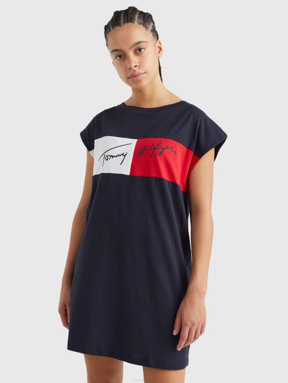 שמלת מיכל כותנה אורגנית חסומה בצבע NX202690 שמיים מדבריים Tommy Hilfiger