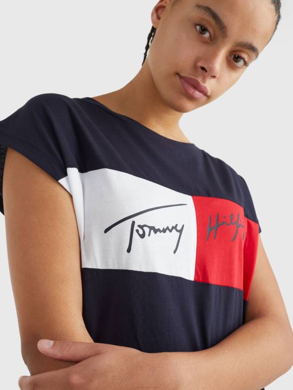 שמלת מיכל כותנה אורגנית חסומה בצבע NX202690 שמיים מדבריים Tommy Hilfiger