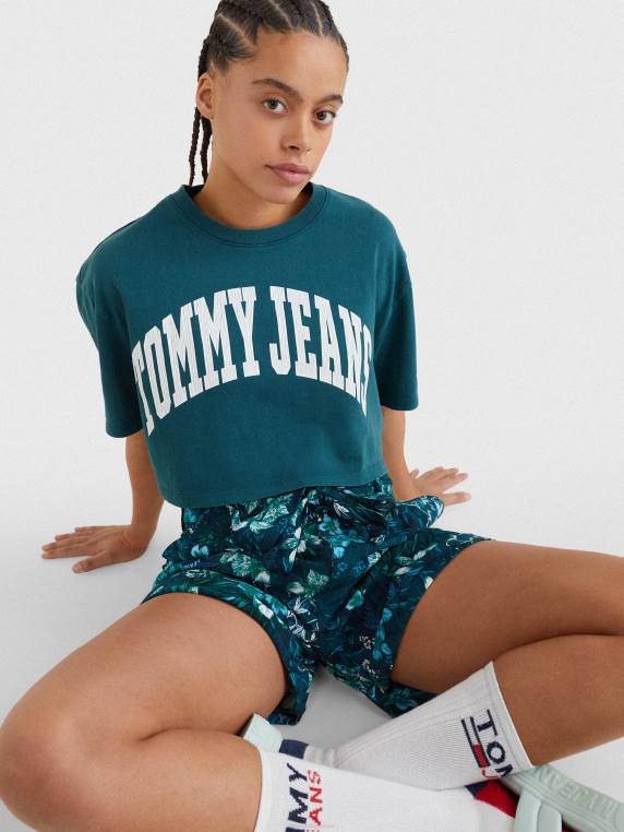 חולצת טריקו קצוצה אוברסייז בקולג' NX202739 ירוק יער גשם Tommy Hilfiger