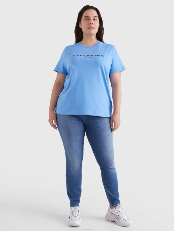 חולצת טריקו כותנה אורגנית עם צווארון בהדפס לוגו עקום NX202885 כחול הידראנגאה Tommy Hilfiger