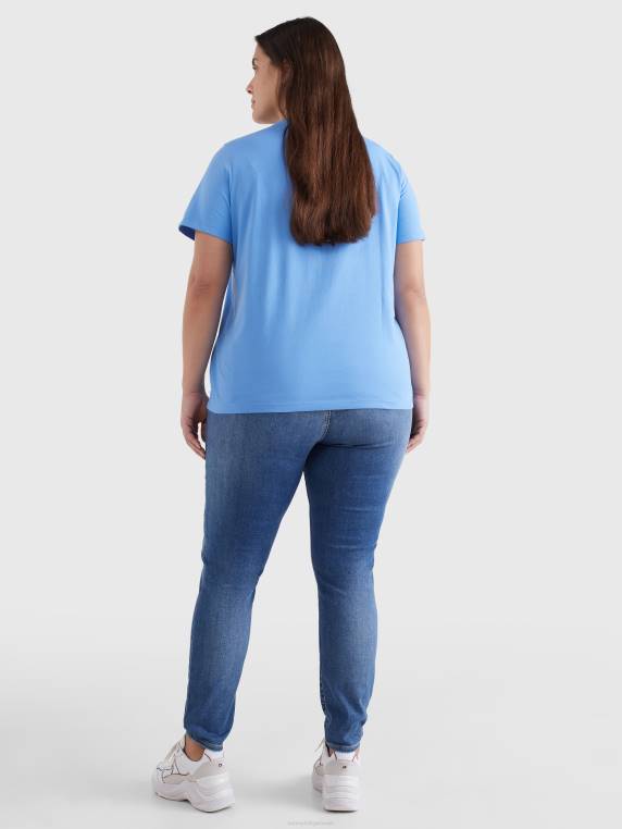 חולצת טריקו כותנה אורגנית עם צווארון בהדפס לוגו עקום NX202885 כחול הידראנגאה Tommy Hilfiger