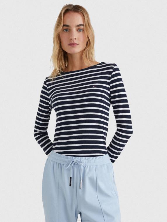 חולצת טי סקיני עם צווארון סירה ארוך NX202913 פס ברטון/שמיים לבנים במדבר Tommy Hilfiger