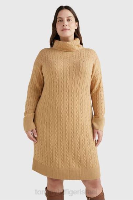 שמלת צווארון רול סריג כבל עקום NX203406 חום Tommy Hilfiger