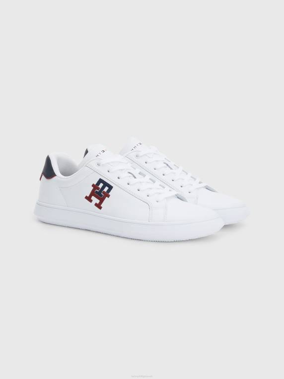 מאמנים מעור רקמת מונוגרמה NX20743 לבן Tommy Hilfiger