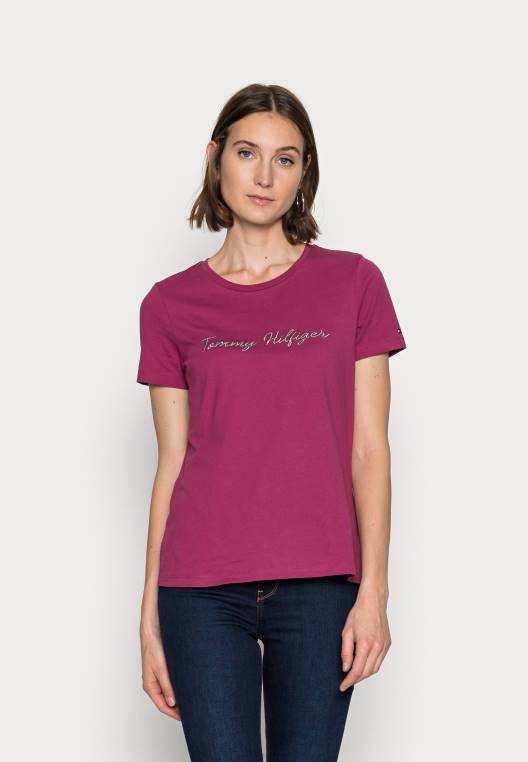 חולצת טריקו בסיסית עם תסריט רגיל NX207792 אודם ארגמן Tommy Hilfiger