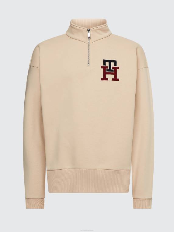 סווטשירט עם חצי רוכסן באפליקציית מונוגרמה NX20795 דייסת שיבולת שועל חמה Tommy Hilfiger