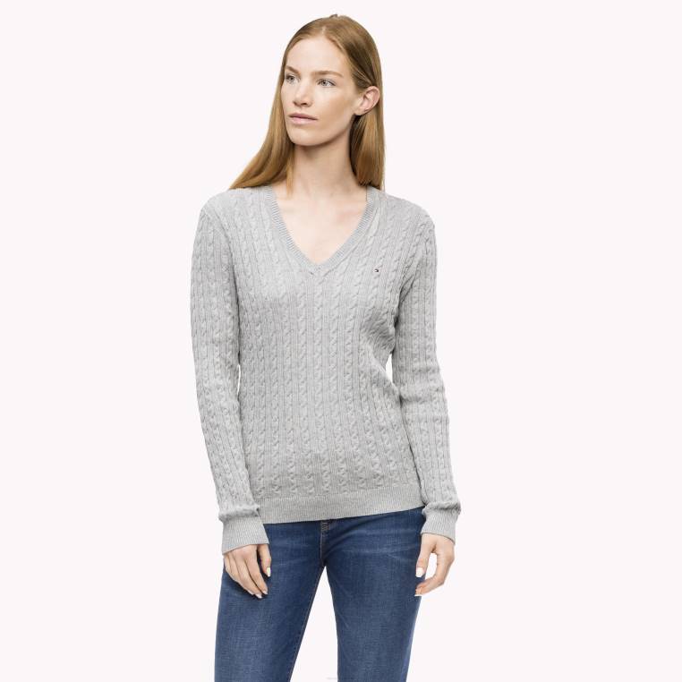 סוודר קלאסי עם צווארון V בכבלים NX202169 אברש אפור בהיר Tommy Hilfiger