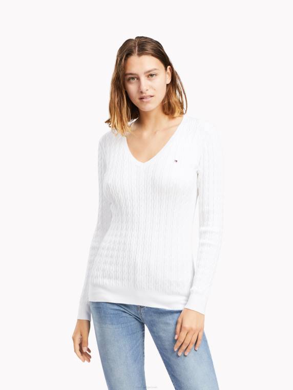 סוודר קלאסי עם צווארון V בכבלים NX202186 לבן בוהק Tommy Hilfiger
