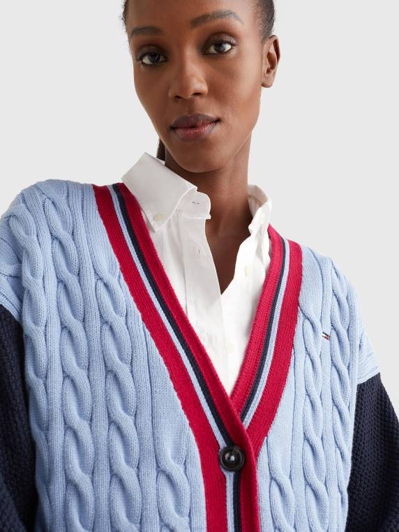 קרדיגן עם צווארון V סריג מעורב NX202190 כחול ירח Tommy Hilfiger