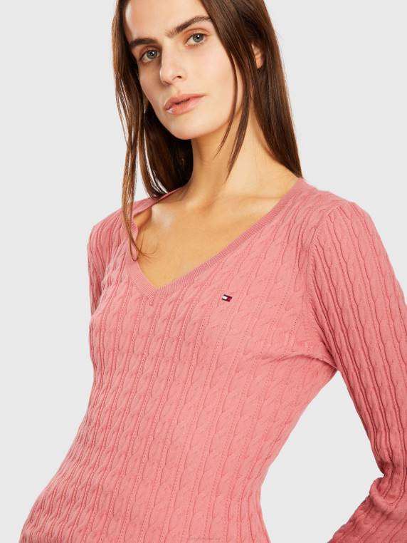 סוודר קלאסי עם צווארון V בכבלים NX202206 ורוד אנגלי Tommy Hilfiger