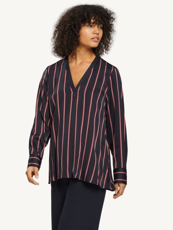 חולצת שרוולים ארוכים עם צווארון V מסוג ויסקוזה סאטן NX202411 פס ממוקם אנכי/שמי מדבר/אדום Tommy Hilfiger